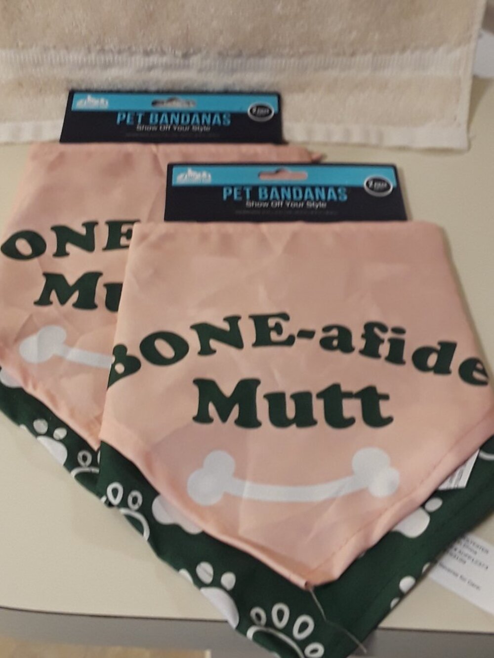 Dog Bandana 4 Pack: 2 Pink BONE-afide Mutt & 2 Green white Paw Print M/L Tie-on